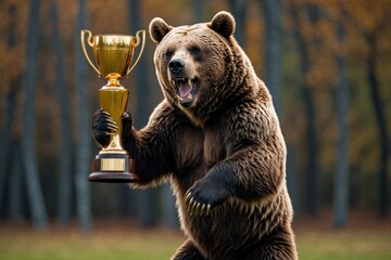 A triumphant brown bear holding a golden trophy in a forest setting amidst autumn foliage, showcasing a playful victory