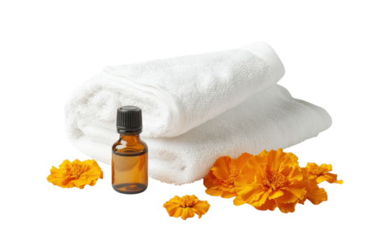 Relaxing spa essentials with fresh marigold flowers and calming essential oil isolated on transparent background