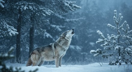 Obraz premium A lone wolf howls in a snowy forest, surrounded by tall trees under a misty sky
