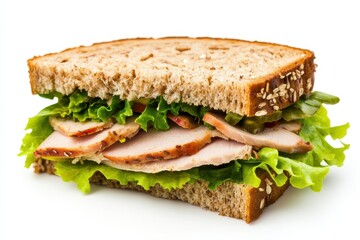 Delicious turkey sandwich layered with fresh lettuce and served on whole grain bread isolated on transparent background