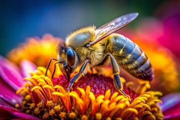Fototapeta premium Macro Photography: Honeybee on Vibrant Flower, Pollen Close-Up