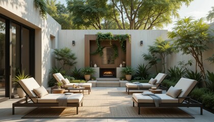 Fototapeta premium Serene Outdoor Lounge Area with Modern Furniture and Greenery