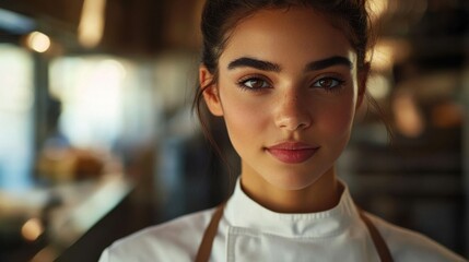 Naklejka premium A young Latina chef in a kitchen.