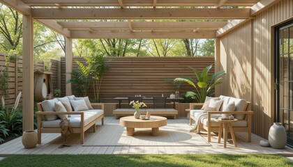 Fototapeta premium Cozy Outdoor Patio Space with Modern Furniture and Greenery