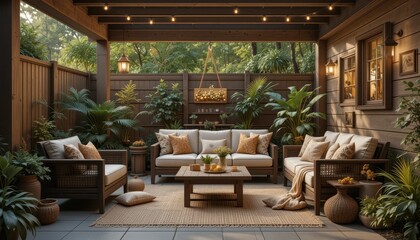 Fototapeta premium Cozy Outdoor Living Space with Plants and Comfortable Furniture