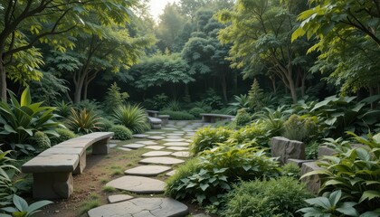 Obraz premium Serene Garden Pathway Surrounded by Lush Foliage and Trees