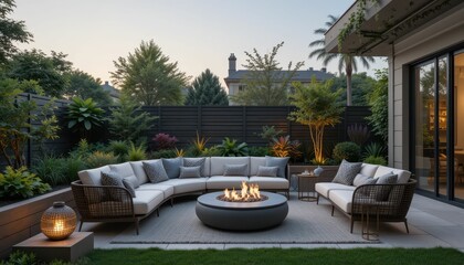 Modern Outdoor Lounge with Fire Pit Surrounded by Lush Greenery