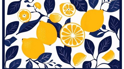 Vibrant Lemon and Foliage Illustration in Navy and Yellow Tones