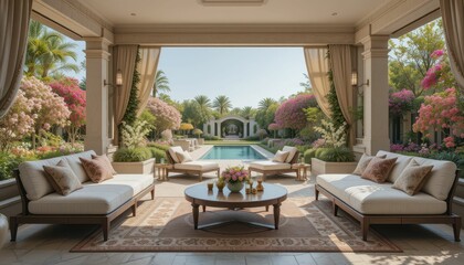 Obraz premium Elegant Outdoor Living Space Overlooking Gorgeous Garden and Pool