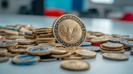 piles of shiny golden tax tokens, decorated with investment patterns, spilling with natural shadow effect, wealth-oriented concept