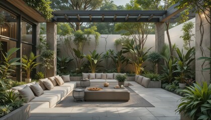Fototapeta premium Tranquil Outdoor Living Space with Lush Greenery and Cozy Seating
