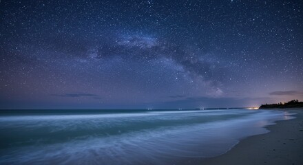 Serene night beach scene with Milky Way over calm ocean waves and distant lights
