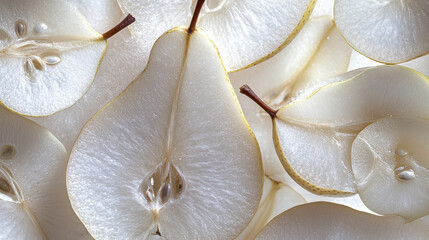 A fine art photograph of sliced pears, artistically arranged like a collage, semi-transparent slices glowing from strong light beneath