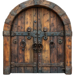 Fototapeta premium A medieval-style arched door with rusty locks isolated on transparent background.PNG