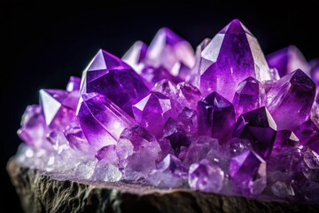 Fototapeta premium Macro Photography: Raw Violet Amethyst Geode Crystal Cluster on Black