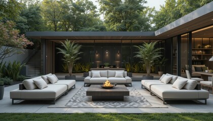 Fototapeta premium Modern Outdoor Living Space with Cozy Fire Pit and Greenery