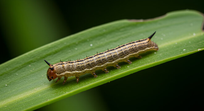 Geometer moth inchworm displaying camouflage resting on a vibrant green leaf