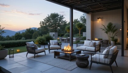 Fototapeta premium Elegant Outdoor Living Space with Fire Pit at Sunset