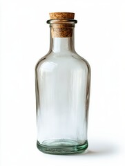 Clear Glass Bottle with Cork Stopper on White Background