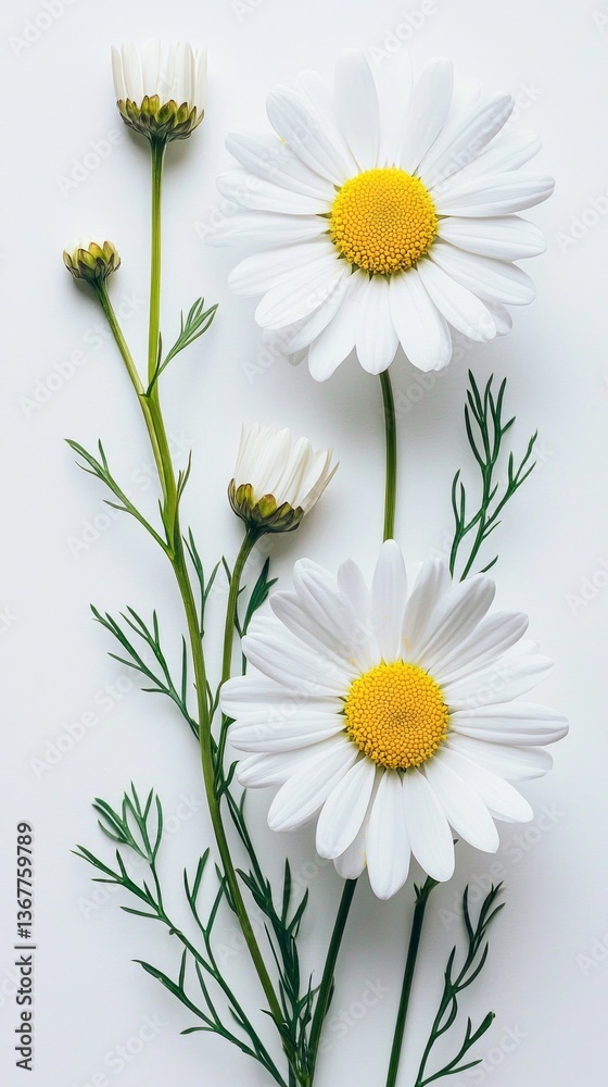 Poster A cluster of elegant white daisies with striking yellow centers resting against a soft, neutral backdrop. Fragile green stems and budding flowers add charm, embodying simplicity and serenity