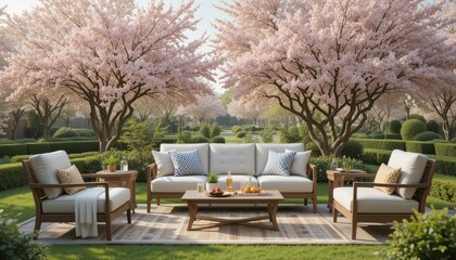 Serene Outdoor Living Space Surrounded by Blooming Cherry Trees