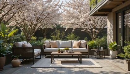 Tranquil Outdoor Living Space with Cherry Blossom Trees in Spring