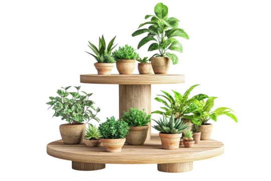 A beautiful array of potted plants on a wooden display stand illuminated by soft natural light isolated on transparent background