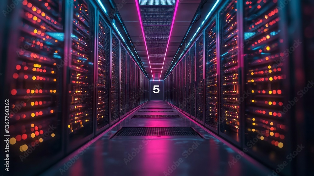 Poster bright neon lights illuminate a corridor lined with sleek data storage units, evoking a sense of adv