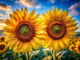 Obraz premium Macro Photography Twin Sunflowers: Close-Up Detail of Two Sunflowers Blooming Together