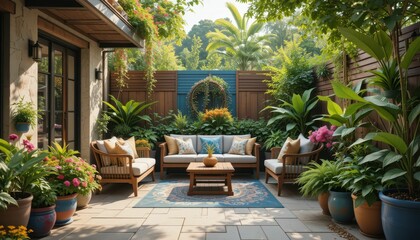 Fototapeta premium Serene Garden Patio with Cozy Seating and Lush Greenery Decor