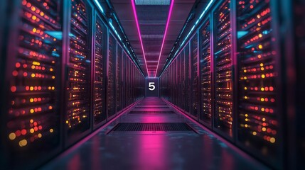Bright neon lights illuminate a corridor lined with sleek data storage units, evoking a sense of advanced technology and digital innovation. The atmosphere feels dynamic and electric