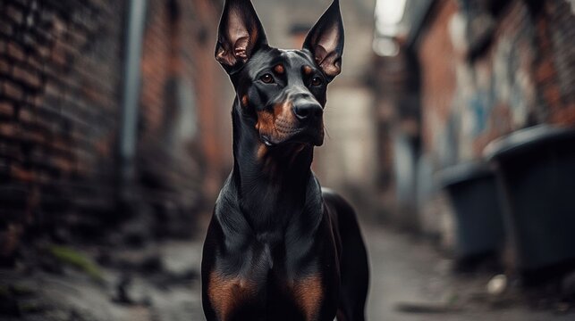A Doberman standing in an urban alley.