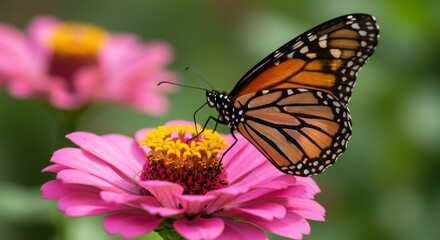 Fototapeta premium Monarch butterfly perched on vibrant pink flower in a lush garden setting