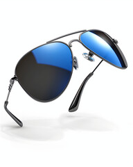 Stylish sunglasses with blue lenses on a white background  