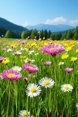 Fototapeta premium Wildflower Meadow, Colorful Spring Day. Blooming Daisies, Dandelions in Lush Green Field Landscape.