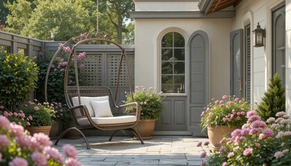 Obraz premium Cozy Patio with Hanging Chair Surrounded by Colorful Flowers
