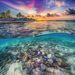 Tropical sunset over ocean with underwater view showing coral reef and colorful plastic pollution

