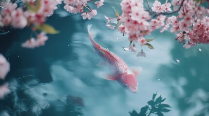 Koi Fish Swimming in Tranquil Pond Under Cherry Blossoms with Pink Flowers