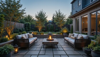 Cozy Outdoor Living Space with Fire Pit and Lush Gardens at Dusk
