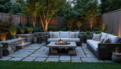 Cozy Outdoor Patio Space with Elegant Furniture and Soft Lighting