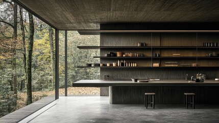 Minimalist Kitchen with Forest View: Modern Design and Natural Serenity