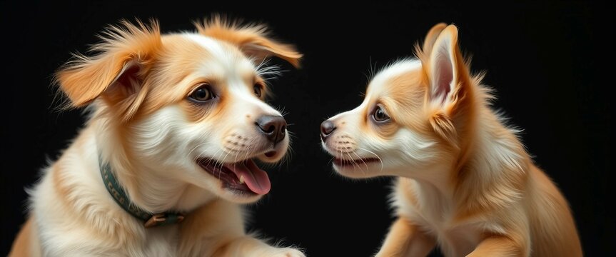 Zwei s&uuml;&szlig;e Hunde, ein ausgewachsener und ein Welpe, auf schwarzem Hintergrund. Perfekt f&uuml;r Tierliebhaber, Hunde-Content und Haustier-Themen.