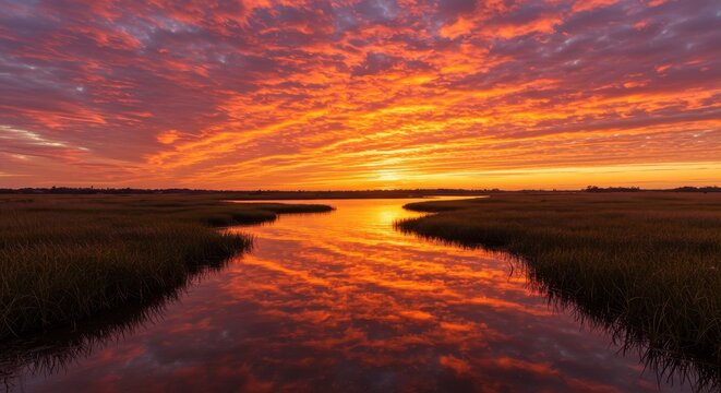 Vibrant sunset over a tranquil marshland with reflective water and rich colors - Powered by Adobe
