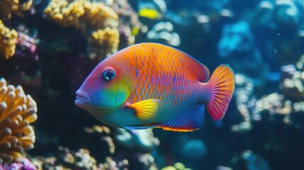 Fototapeta premium Vibrant Colorful Fish Swimming Among Coral Reefs in Underwater Ocean Environment