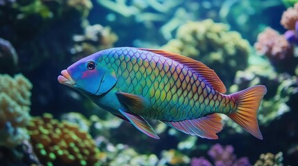 Fototapeta premium Colorful Parrotfish Swimming in a Coral Reef with Vibrant Underwater Ecosystem