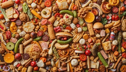 Fototapeta premium Colorful Display of Various Foods and Snacks on a Rustic Tabletop