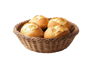 Freshly baked artisan rolls in a woven basket ready to be served at a cozy dinner table isolated on transparent background