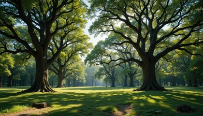Sunlit Forest Glade with Majestic Trees and Soft Green Grass