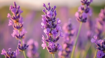 Close Up Lavender Flowers Blooming in Field with Soft Sunset Light