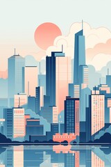 Minimalist City Skyline at Sunset with Pastel Pink and Blue Tones, Water Reflections, and Serene Atmosphere